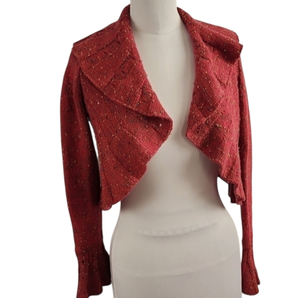 Reddish Pink Cropped Bolero Cardigan Boucle Knit Large Shawl Collar S Juniors